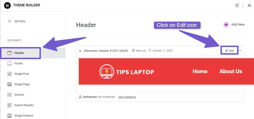 select header then click on edit icon