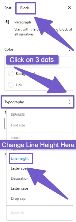select paragraph text, in right sidebar, in typography change line height