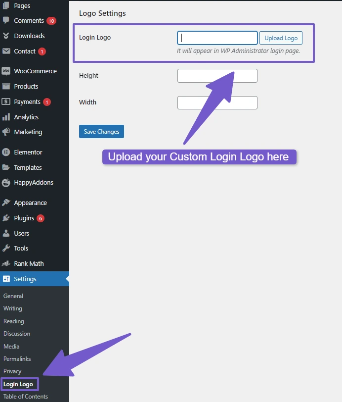uploading custom login logo image in change logo plugin settings