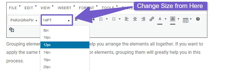 you will font size option due to advanced editor tool plugin through which you can change font size 