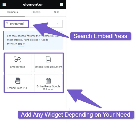 Search embedpress in elementor widget area