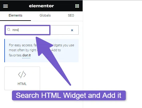 Search for HTML widget in elementor widget panel