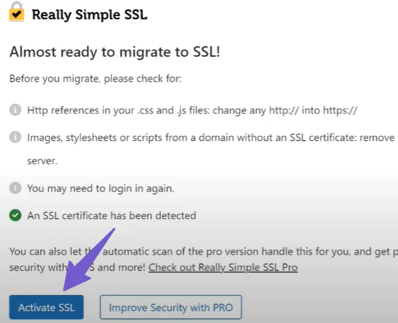 activate ssl certificate in really simple SSL plugin settings