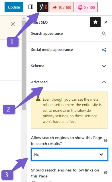 add no index tag in Yoast seo plugin