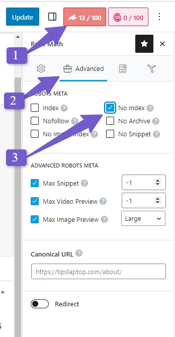 add no index tag in rankmath seo plugin 