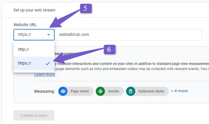 add your new https website version for tracking its traffics in GA4