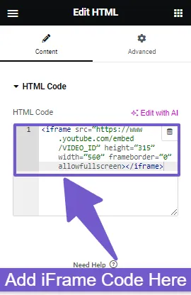 click on widget to add iframe code