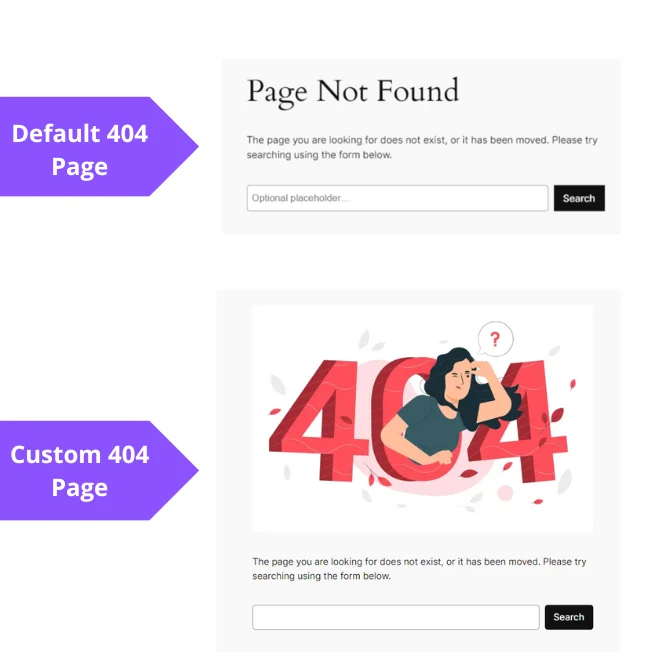 comparison between default and custom 404 page