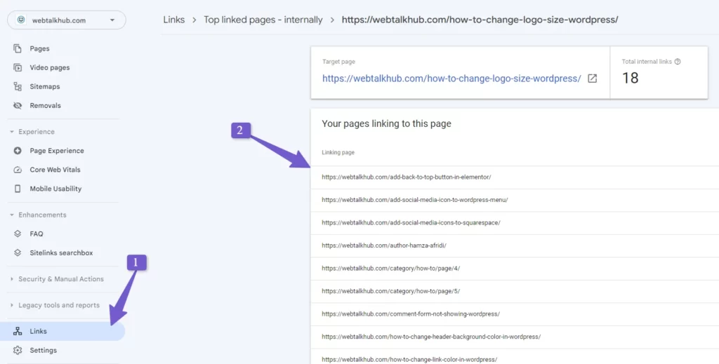 find internal links to page in search console