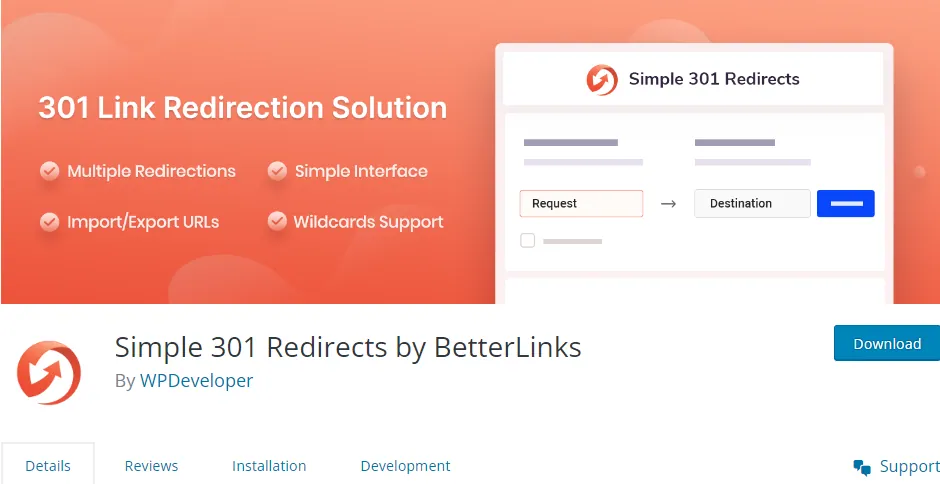 simple 301 redirects by betterlinks plugin