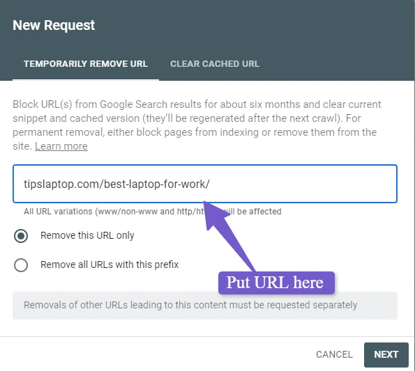 temporary remove url option