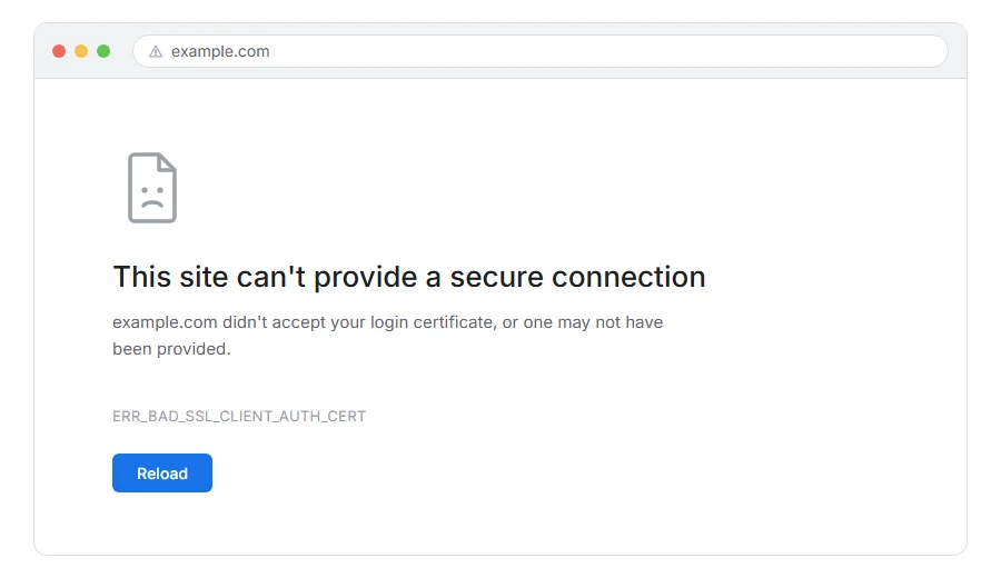What ERR_BAD_SSL_CLIENT_AUTH_CERT: How to Fix It looks like in the browser