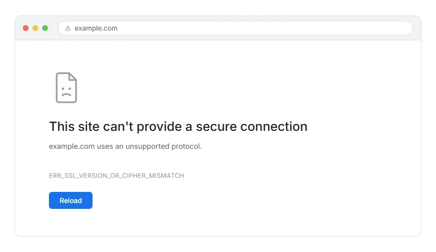 What ERR_SSL_VERSION_OR_CIPHER_MISMATCH: How to Fix It looks like in the browser