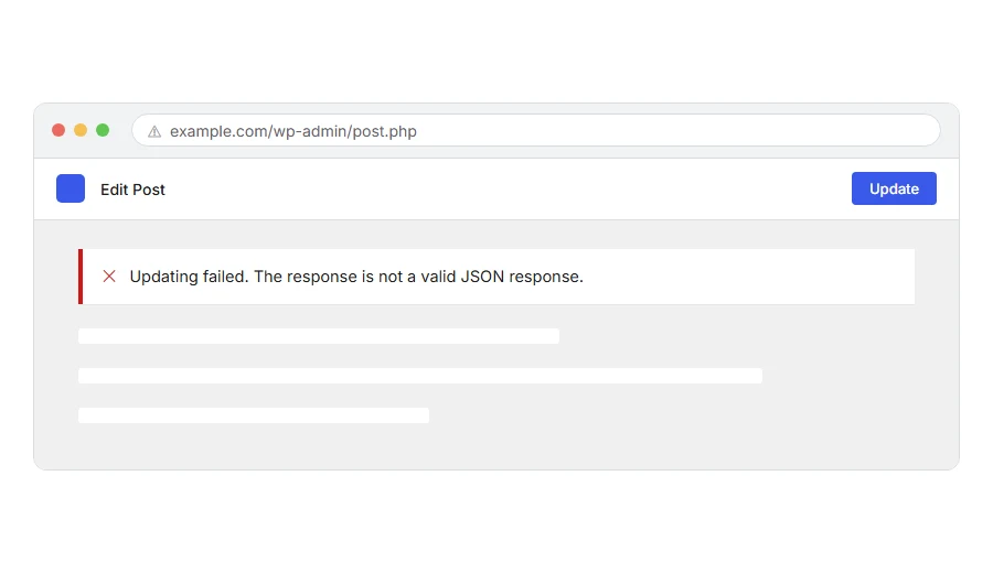 What Updating Failed: The Response Is Not a Valid JSON Response looks like in the browser