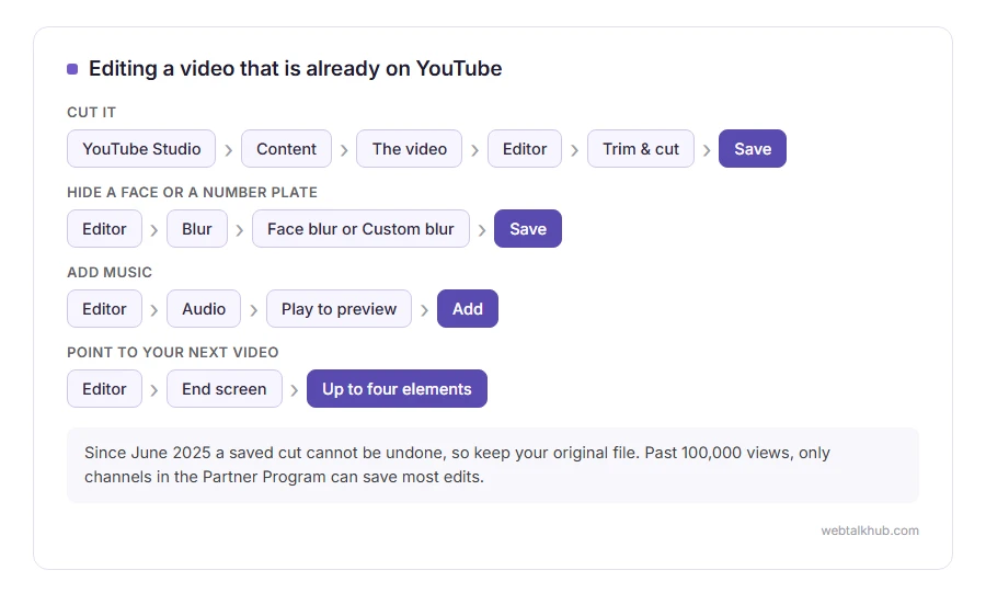 How to trim, blur, add music and add an end screen to an uploaded video in YouTube Studio's editor