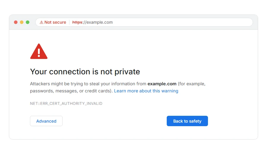 What NET::ERR_CERT_AUTHORITY_INVALID: How to Fix It looks like in the browser