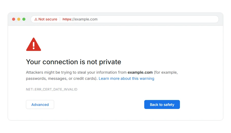 What NET::ERR_CERT_DATE_INVALID: Check the Clock First, Then This looks like in the browser