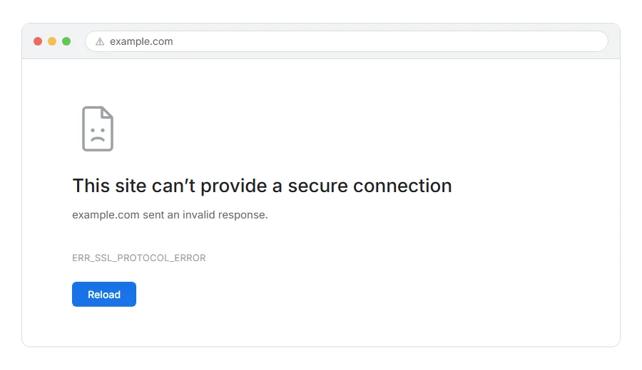 What ERR_SSL_PROTOCOL_ERROR in Chrome: How to Fix It looks like in the browser