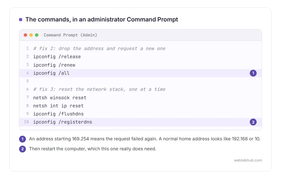 The commands ipconfig release, renew and all, then netsh winsock reset, netsh int ip reset, ipconfig flushdns and registerdns