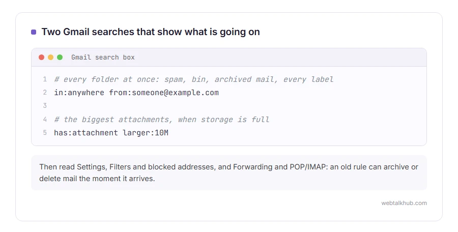 The Gmail searches in:anywhere from an address, which searches every folder, and has:attachment larger:10M, which finds large attachments