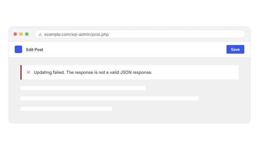 What Updating Failed: The Response Is Not a Valid JSON Response looks like in the browser